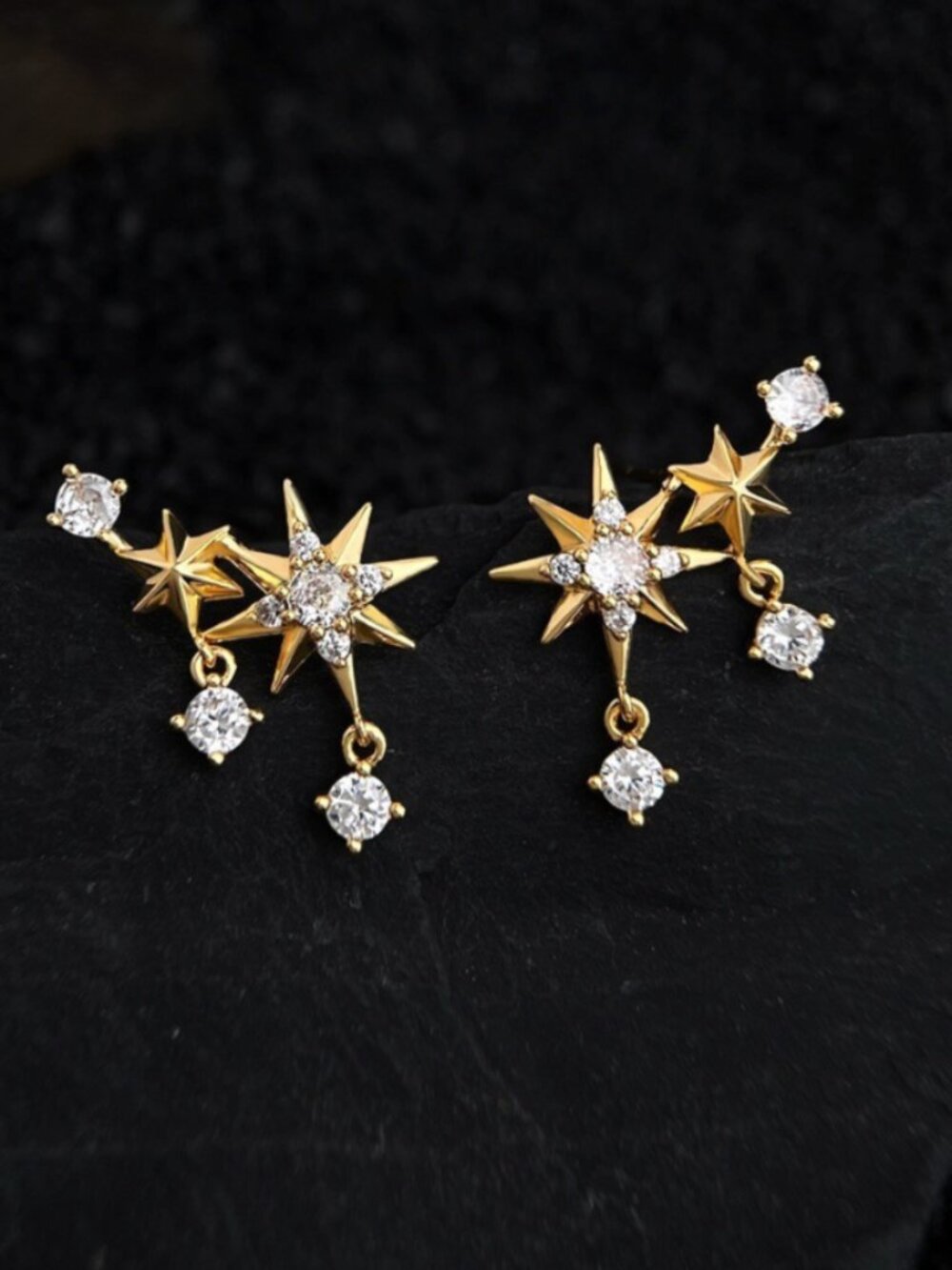 18K Gold Plated Celestial Star Drop Earrings Dangle Zircon Studs Women